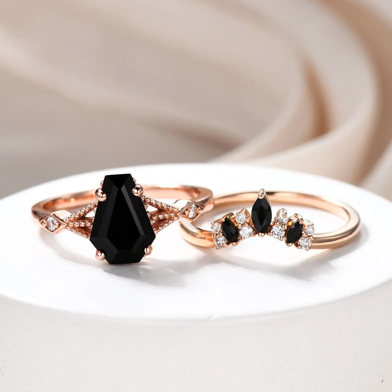 14k Gold Coffin Black Onyx Engagement Ring Set Milgrain Diamond Ring