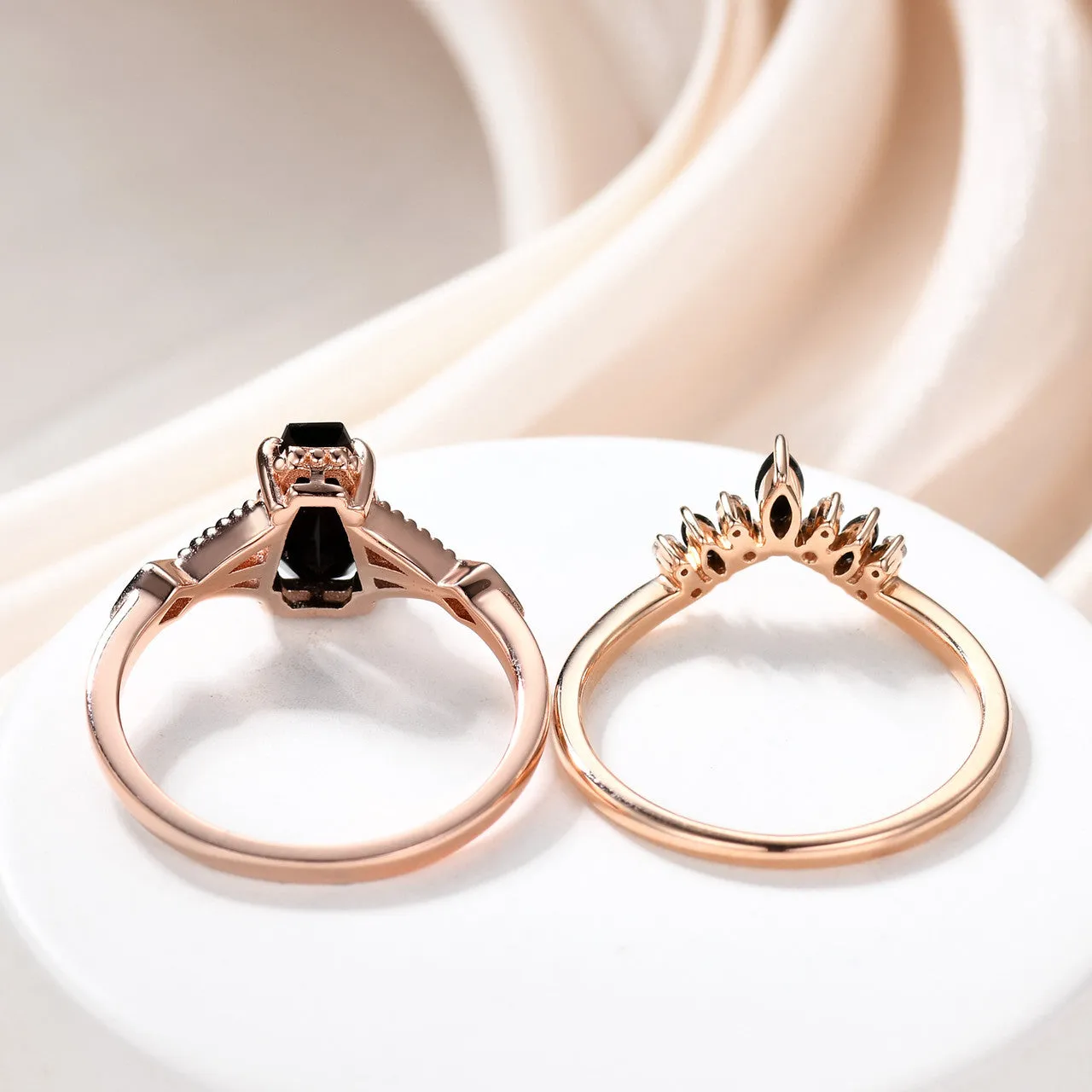 14k Gold Coffin Black Onyx Engagement Ring Set Milgrain Diamond Ring
