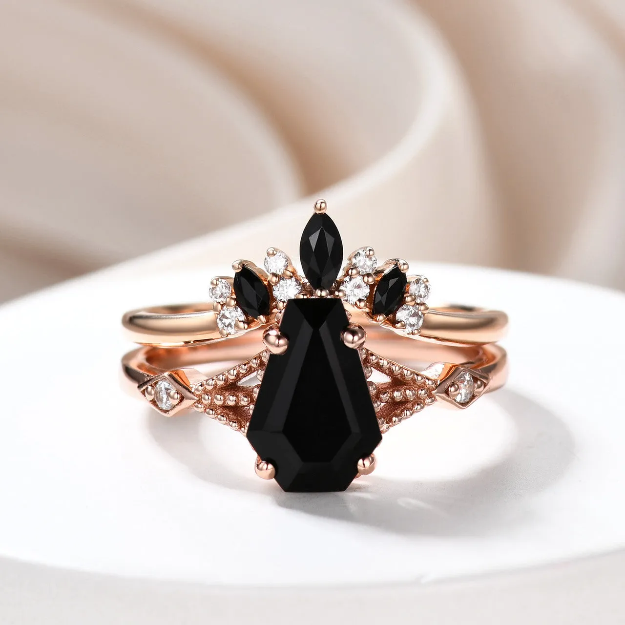 14k Gold Coffin Black Onyx Engagement Ring Set Milgrain Diamond Ring