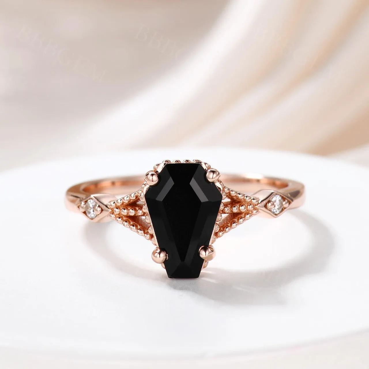14k Gold Coffin Black Onyx Engagement Ring Set Milgrain Diamond Ring