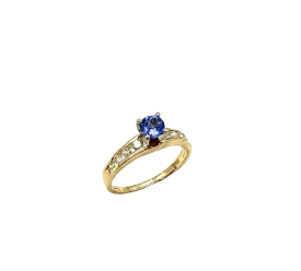 14k Yellow Gold Ring with Round Tanzanite Center and Channel-Set Diamonds