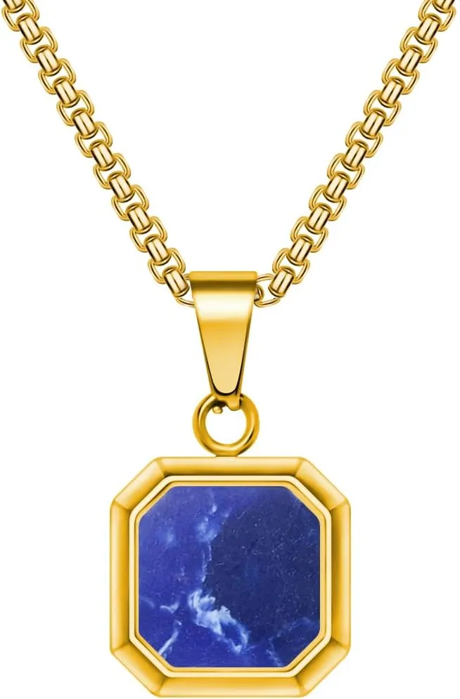 18K Gold Plated Necklace Black Onyx/Blue Sandstone/Blue Turquoise/for Men Women Stainless Steel Square/Rectangle Pendant Necklaces with Box Chain