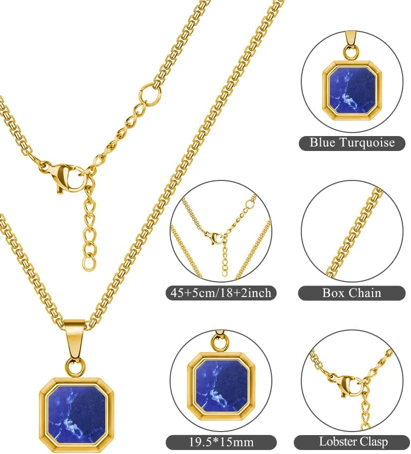 18K Gold Plated Necklace Black Onyx/Blue Sandstone/Blue Turquoise/for Men Women Stainless Steel Square/Rectangle Pendant Necklaces with Box Chain