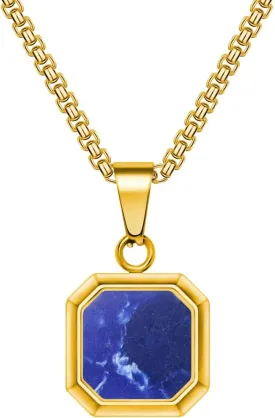 18K Gold Plated Necklace Black Onyx/Blue Sandstone/Blue Turquoise/for Men Women Stainless Steel Square/Rectangle Pendant Necklaces with Box Chain