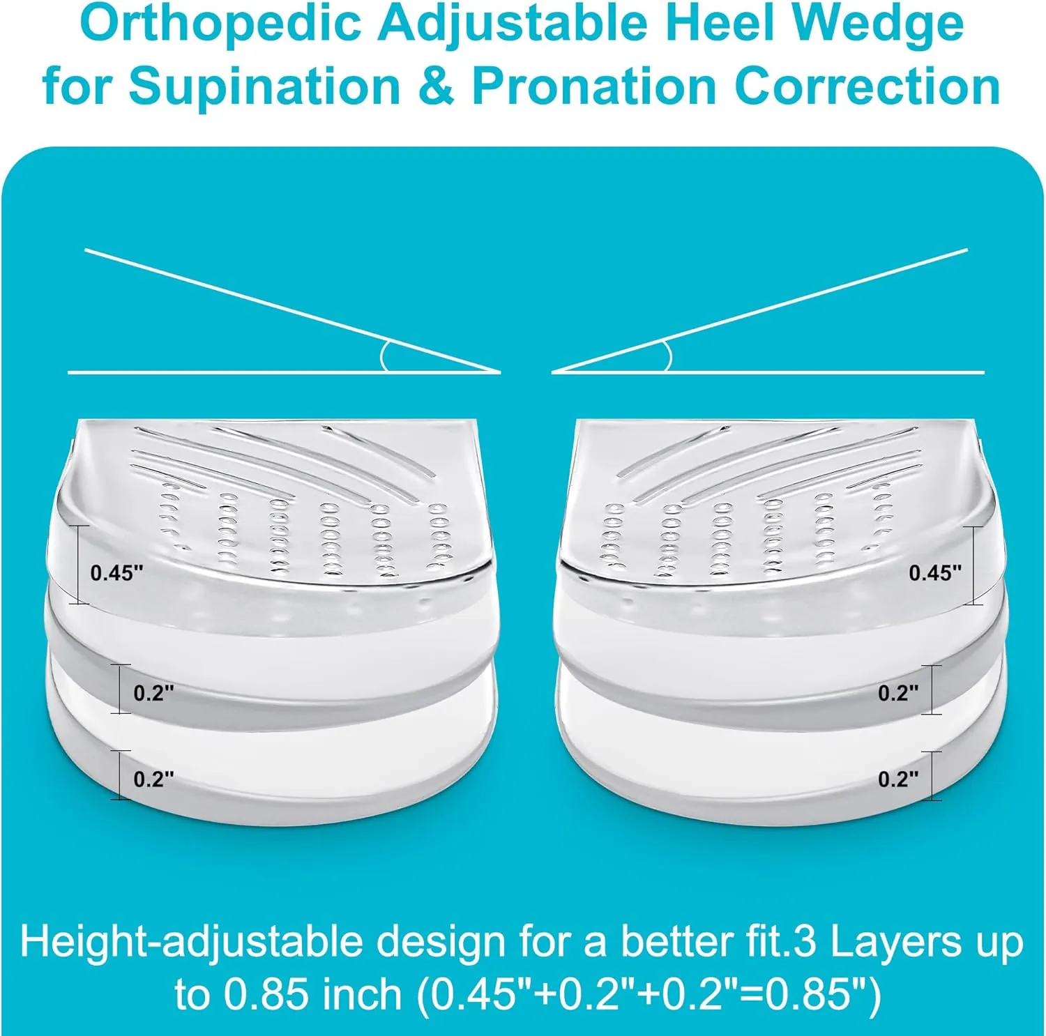 2 Pairs Wonderwin 3 Layers Adjustable Heel Wedge Inserts for Supination & Pronation Correction - Silicone Medial & Lateral Heel Insoles for Bow Legs, Knee Pain, Foot Alignment(Small)