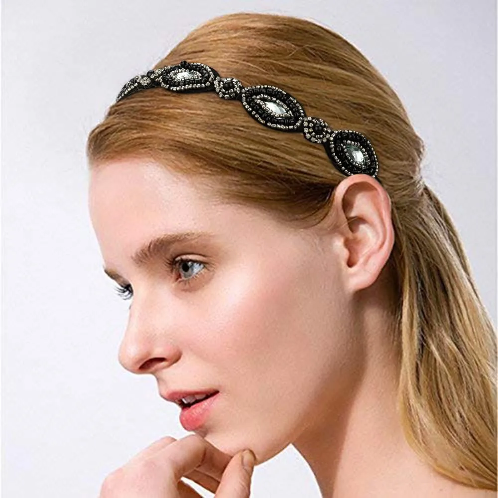 2 Pieces Rhinestone Beaded Elastic HeadbandFashion Headbands Handmade Hair Bands Hair Accessories for Lady Woman 20-25" Fits for Most (Style B)
