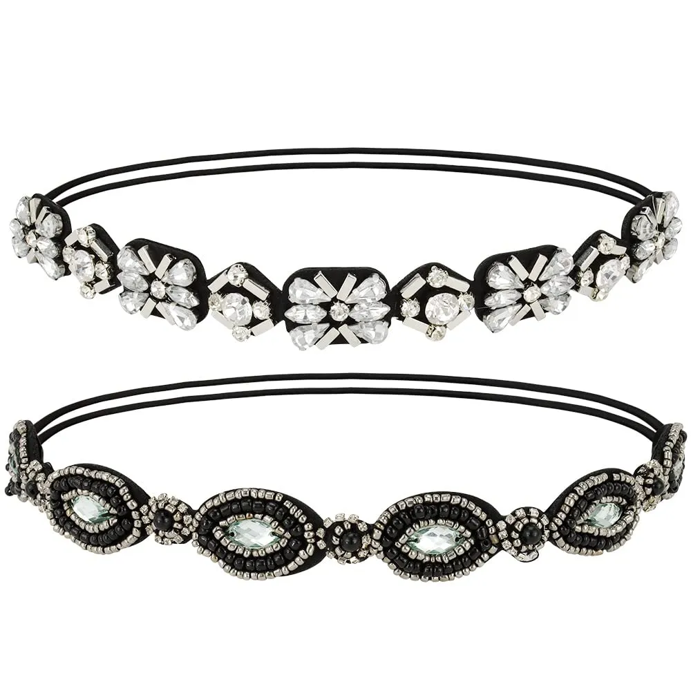 2 Pieces Rhinestone Beaded Elastic HeadbandFashion Headbands Handmade Hair Bands Hair Accessories for Lady Woman 20-25" Fits for Most (Style B)