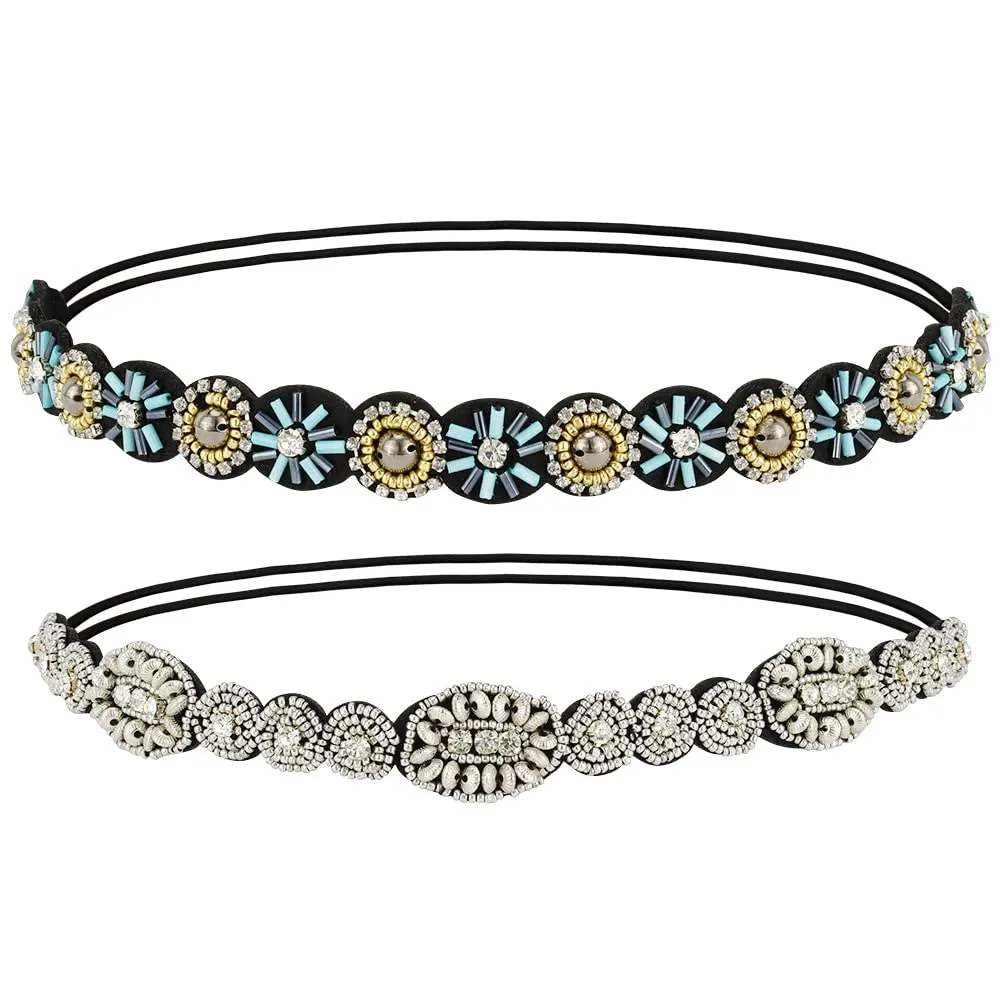 2 Pieces Rhinestone Beaded Elastic HeadbandFashion Headbands Handmade Hair Bands Hair Accessories for Lady Woman 20-25" Fits for Most (Style E)