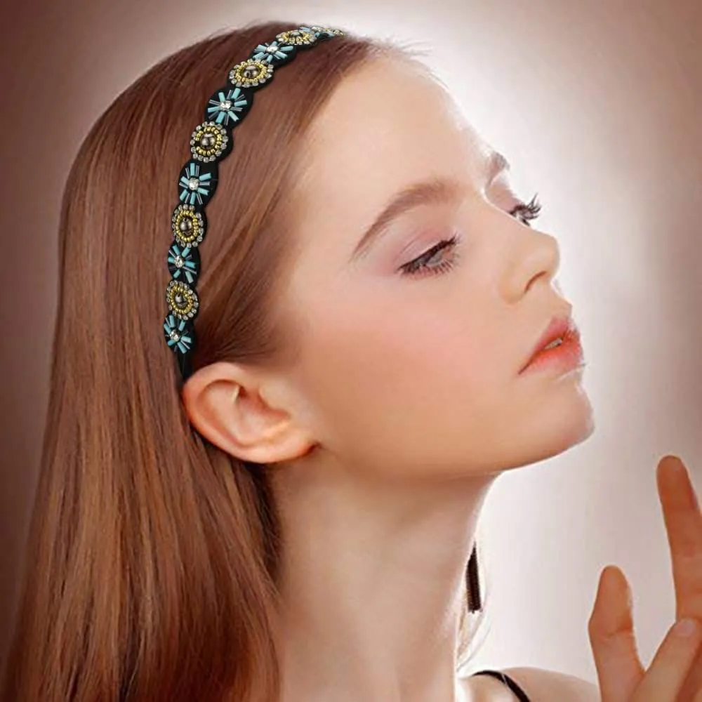 2 Pieces Rhinestone Beaded Elastic HeadbandFashion Headbands Handmade Hair Bands Hair Accessories for Lady Woman 20-25" Fits for Most (Style E)