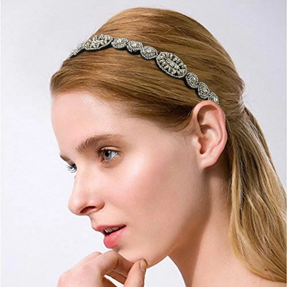 2 Pieces Rhinestone Beaded Elastic HeadbandFashion Headbands Handmade Hair Bands Hair Accessories for Lady Woman 20-25" Fits for Most (Style E)