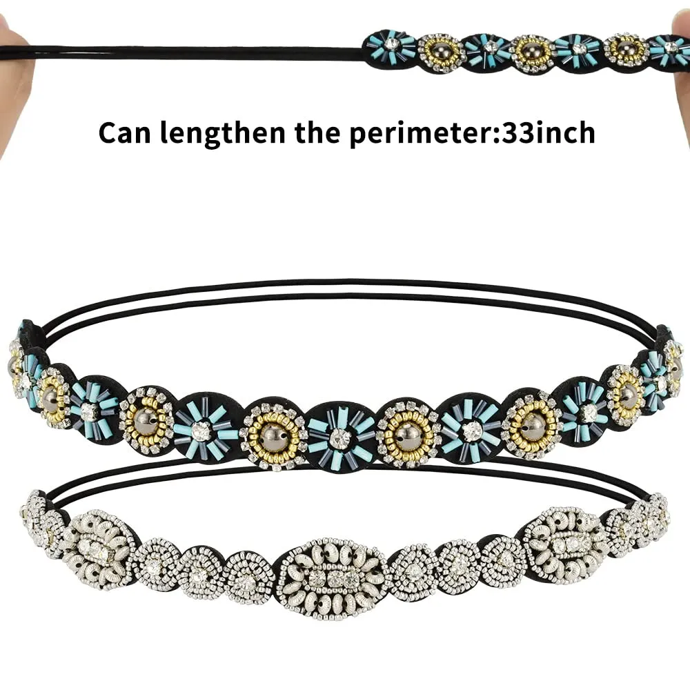 2 Pieces Rhinestone Beaded Elastic HeadbandFashion Headbands Handmade Hair Bands Hair Accessories for Lady Woman 20-25" Fits for Most (Style E)