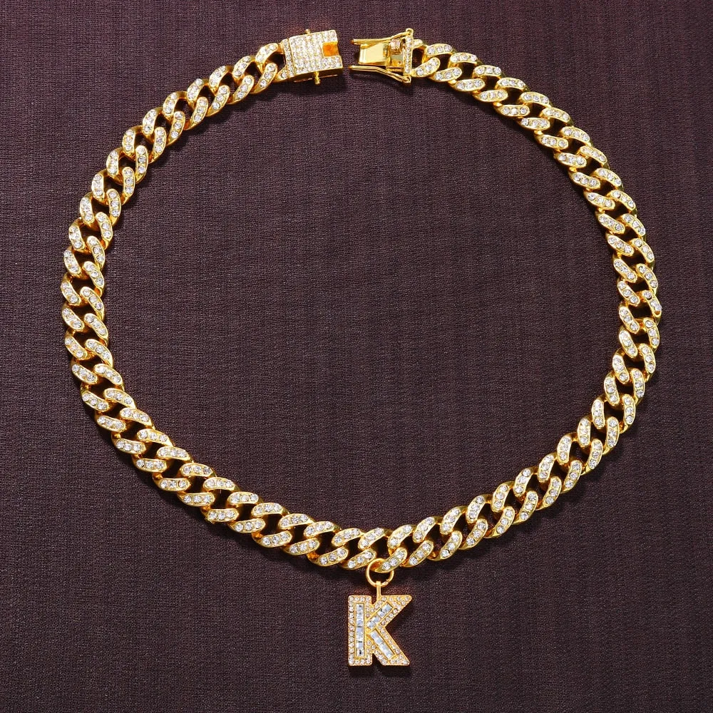 26 Baguette Letter Hip Hop Initial Necklace Stainless Steel Jewelry Iced Out