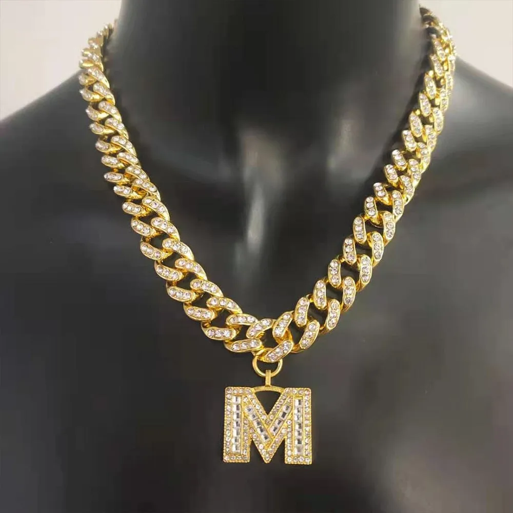 26 Baguette Letter Hip Hop Initial Necklace Stainless Steel Jewelry Iced Out