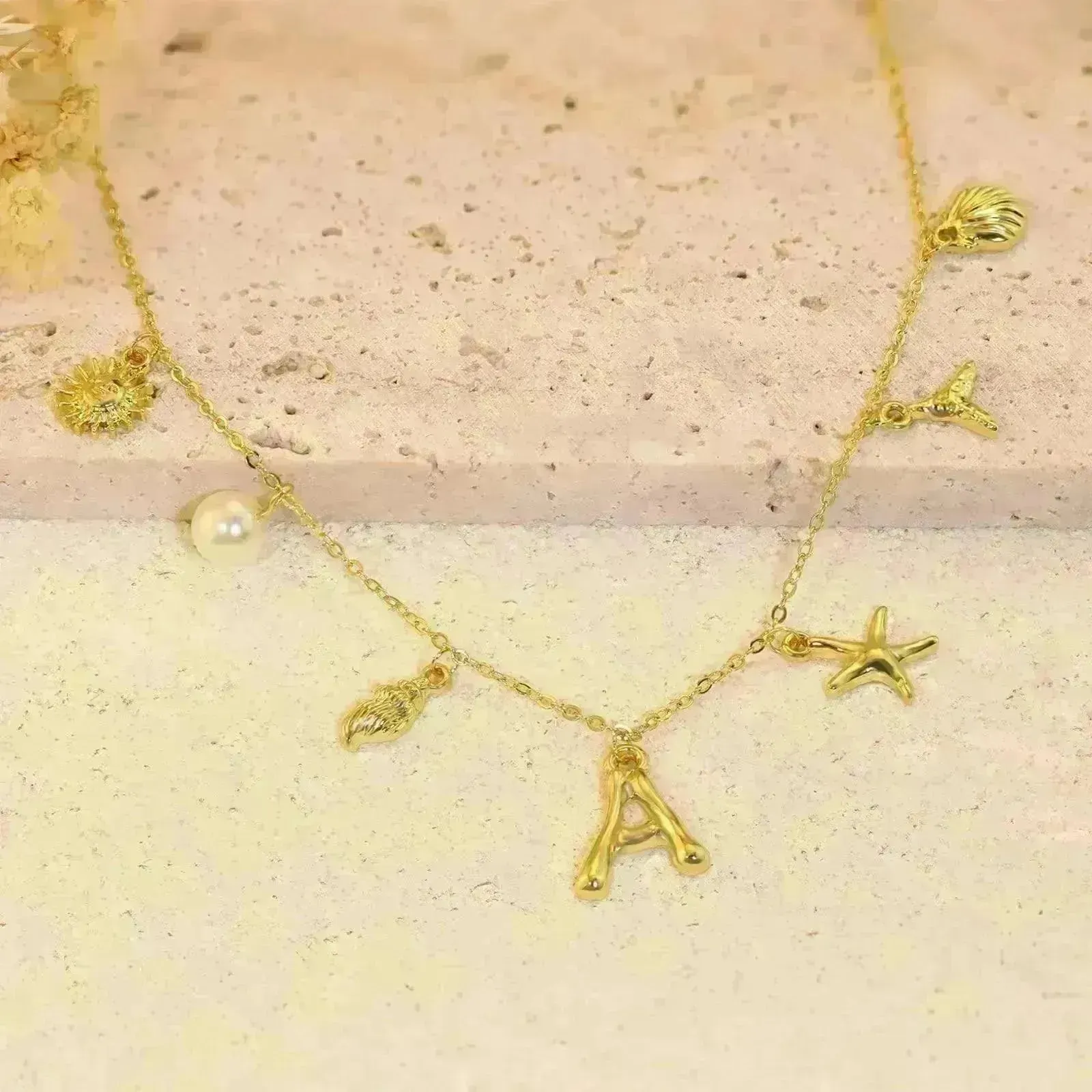 26 Bamboo Letter Necklace Starfish Shell Necklace for Women