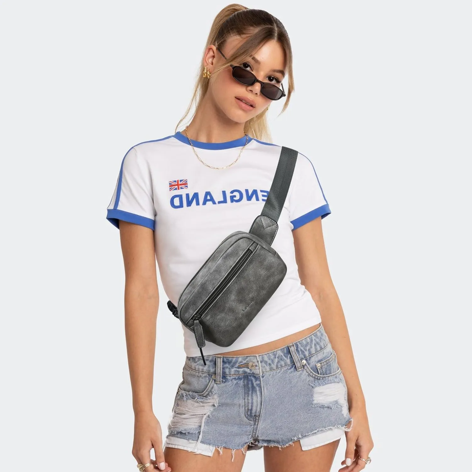 2L Fanny Packs Everywhere Belt Bag Small Fashion Crossbody Waist Pack Faux Leather Waterproof Sling Chest Bag For Women Trendy Grey