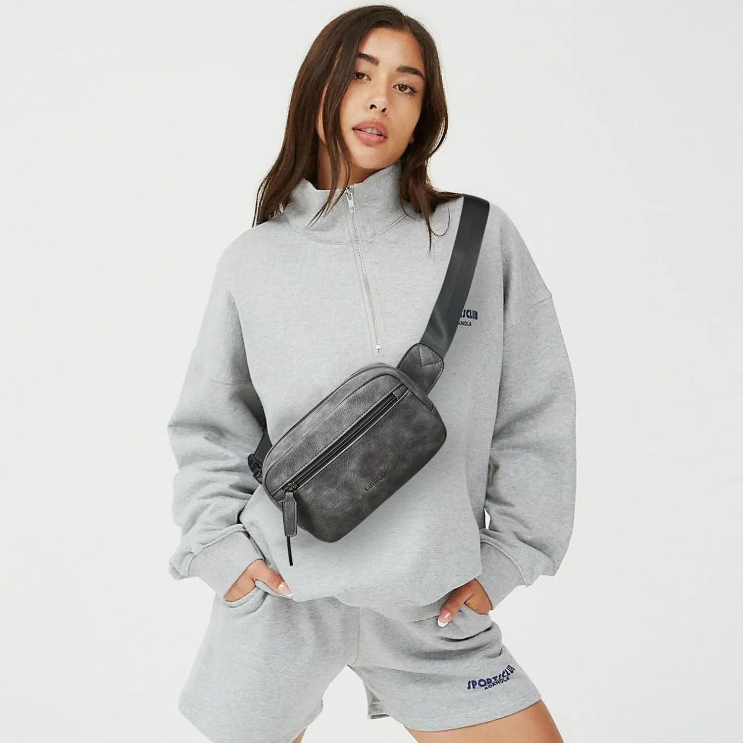2L Fanny Packs Everywhere Belt Bag Small Fashion Crossbody Waist Pack Faux Leather Waterproof Sling Chest Bag For Women Trendy Grey
