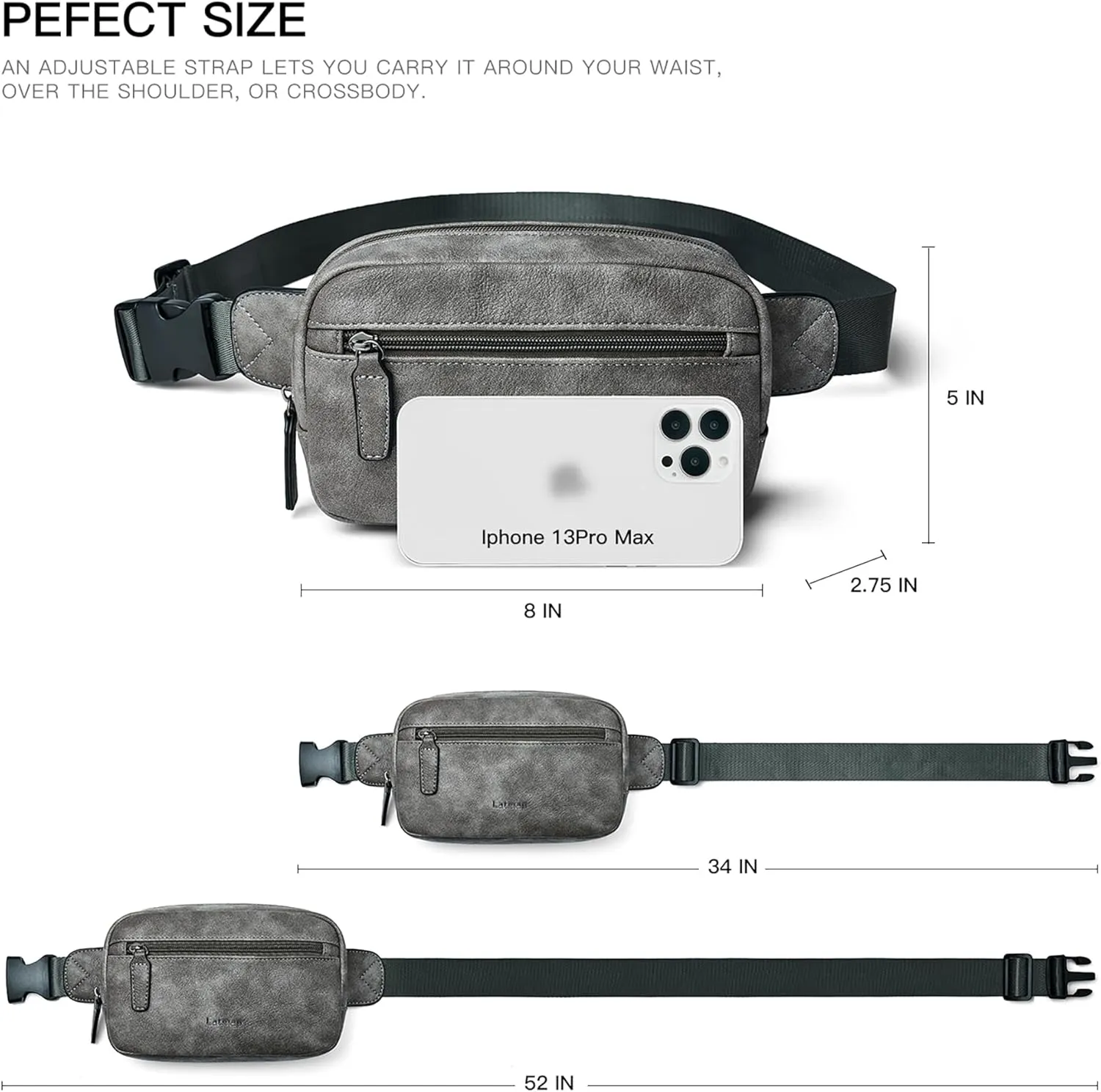 2L Fanny Packs Everywhere Belt Bag Small Fashion Crossbody Waist Pack Faux Leather Waterproof Sling Chest Bag For Women Trendy Grey