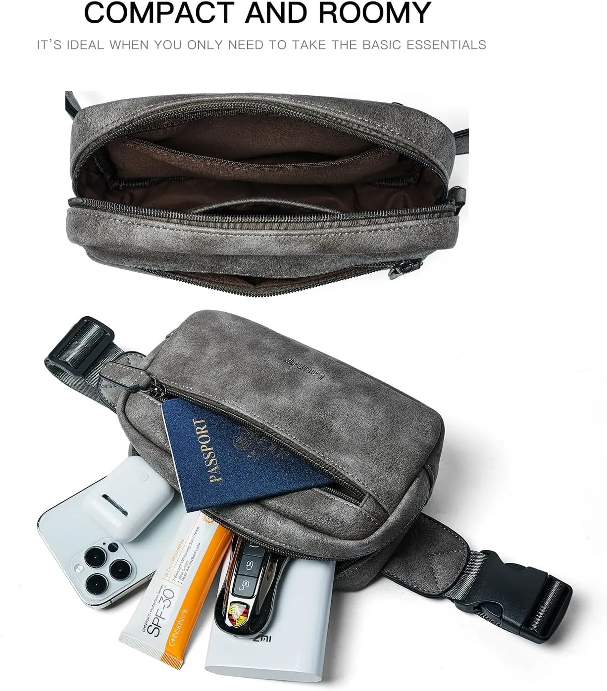 2L Fanny Packs Everywhere Belt Bag Small Fashion Crossbody Waist Pack Faux Leather Waterproof Sling Chest Bag For Women Trendy Grey