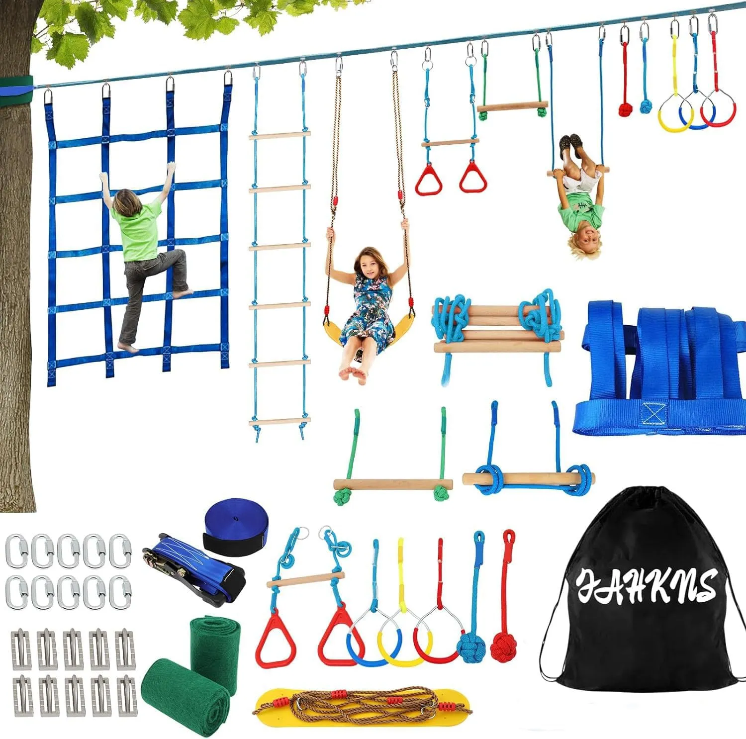 65 Ft Ninja Warrior Kids Obstacle Course,Durable Slackline with 11 Obstacles-Swings, Monkey Bars, Arm Trainers & More, Ninja Warrior Obstacle Course with Outdoor Fun for Ages 3 