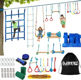 65 Ft Ninja Warrior Kids Obstacle Course,Durable Slackline with 11 Obstacles-Swings, Monkey Bars, Arm Trainers & More, Ninja Warrior Obstacle Course with Outdoor Fun for Ages 3 