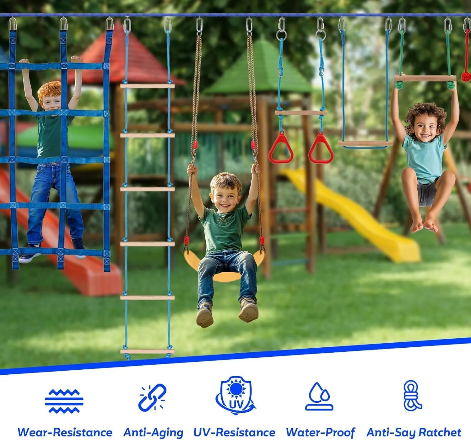 65 Ft Ninja Warrior Kids Obstacle Course,Durable Slackline with 11 Obstacles-Swings, Monkey Bars, Arm Trainers & More, Ninja Warrior Obstacle Course with Outdoor Fun for Ages 3 