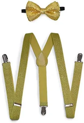 All Gold Mens & Women Wedding Accessories Sequin Adjustable Bow Tie & Glitter Suspenders