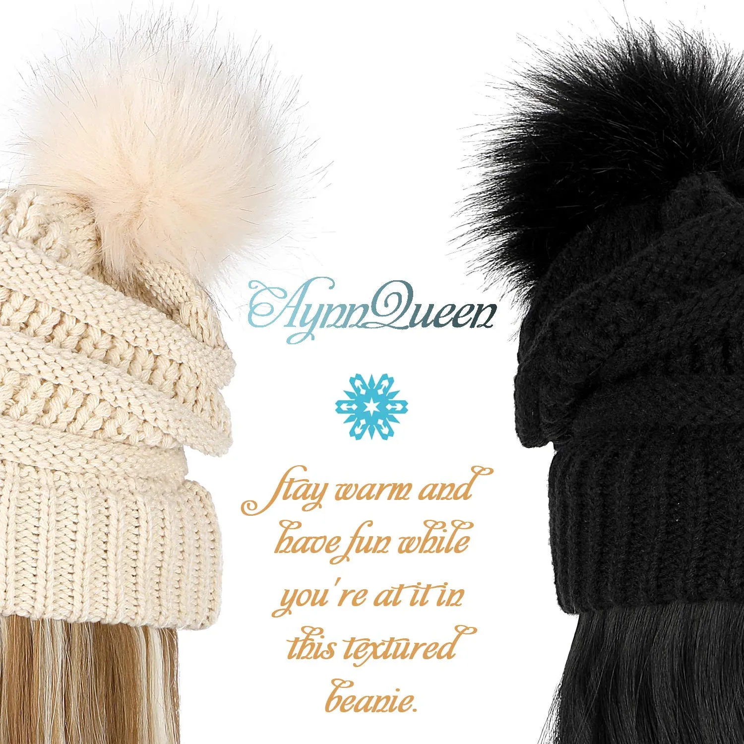 AynnQueen Beanie with Hair Attached for Women Slouchy Cable Hat Wig Knit Beanie Winter Hat with 20inch Removable Hair Extensions Wig (Ginger Blonde Mix Bleach Blonde-Black Hat)