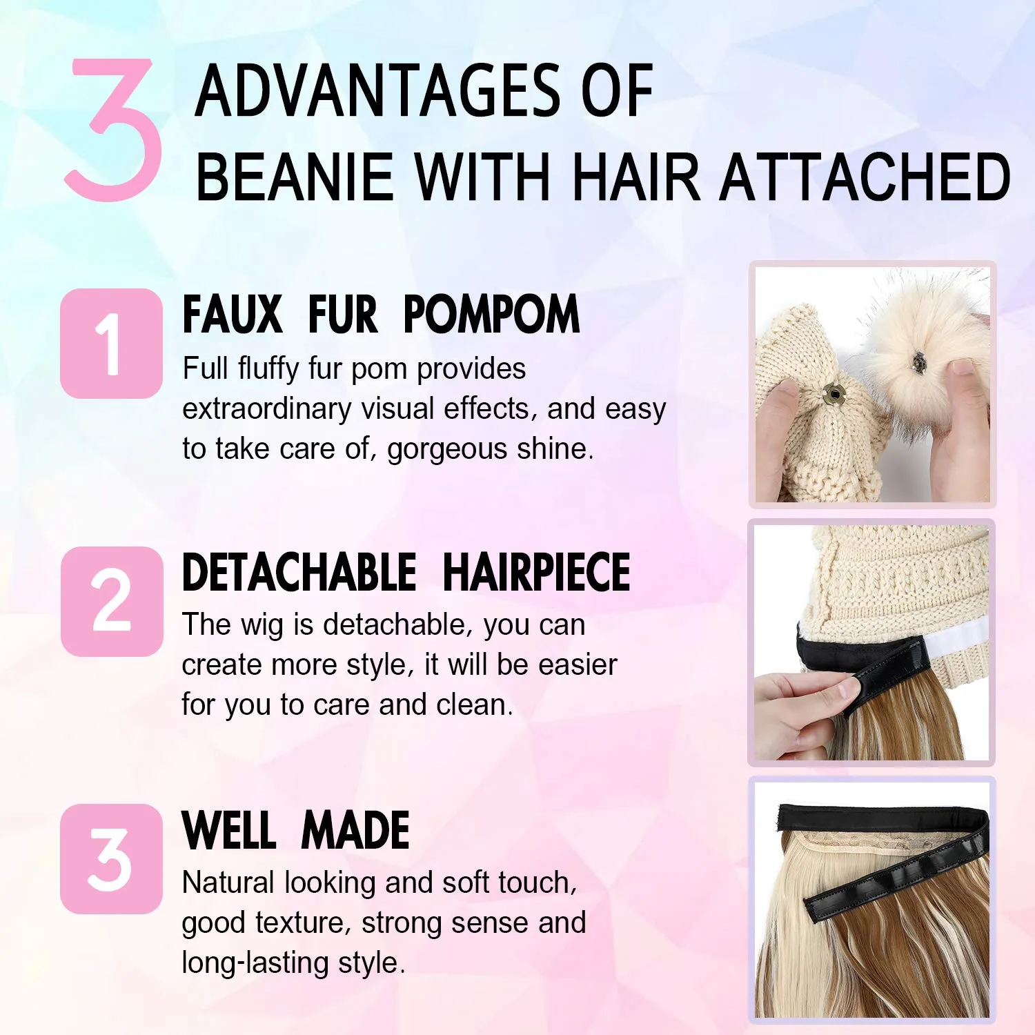 AynnQueen Beanie with Hair Attached for Women Slouchy Cable Hat Wig Knit Beanie Winter Hat with 20inch Removable Hair Extensions Wig (Ginger Blonde Mix Bleach Blonde-Black Hat)