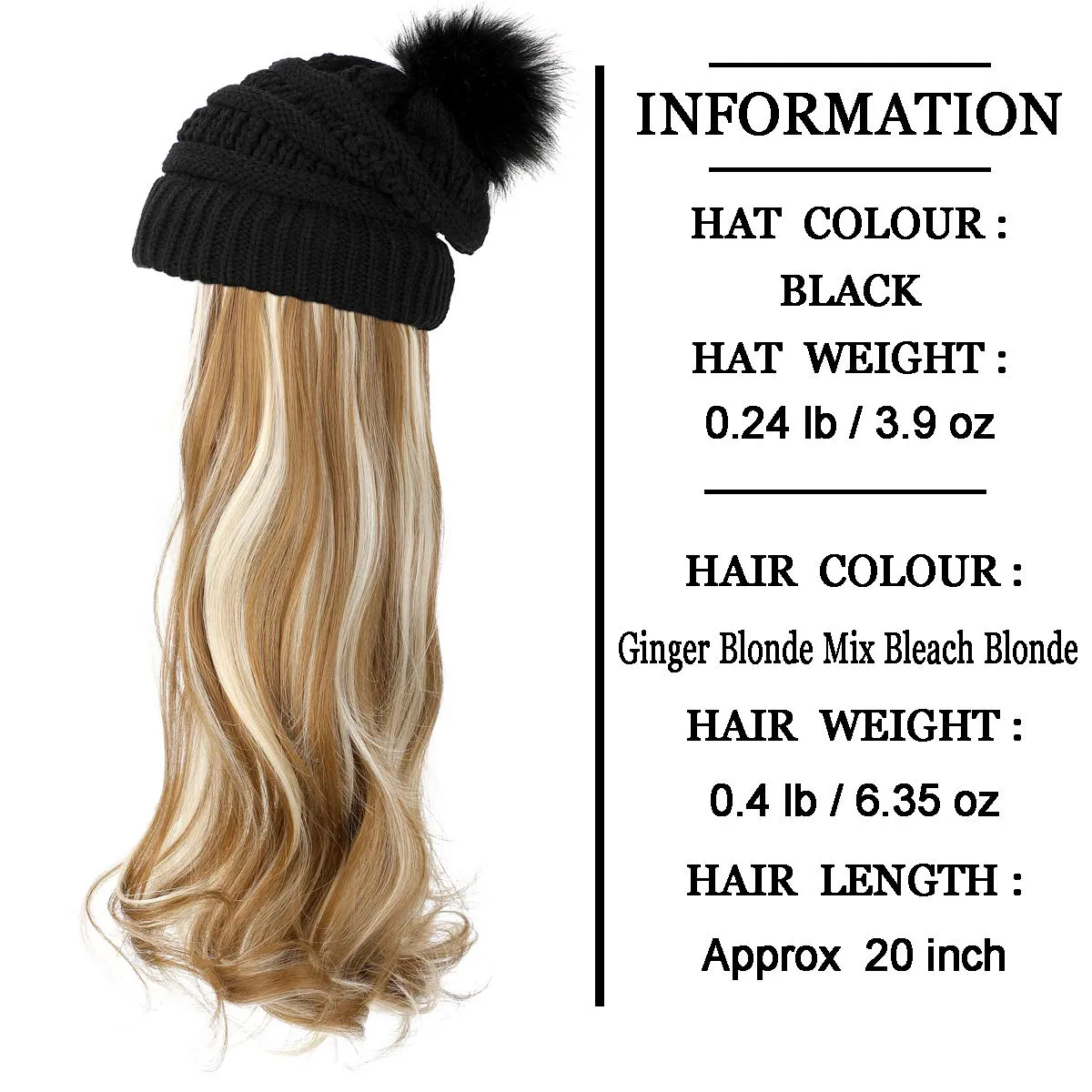 AynnQueen Beanie with Hair Attached for Women Slouchy Cable Hat Wig Knit Beanie Winter Hat with 20inch Removable Hair Extensions Wig (Ginger Blonde Mix Bleach Blonde-Black Hat)