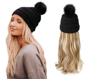AynnQueen Beanie with Hair Attached for Women Slouchy Cable Hat Wig Knit Beanie Winter Hat with 20inch Removable Hair Extensions Wig (Ginger Blonde Mix Bleach Blonde-Black Hat)