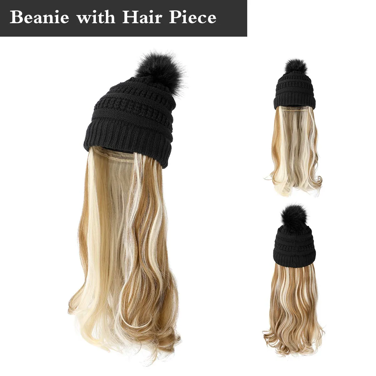 AynnQueen Beanie with Hair Attached for Women Slouchy Cable Hat Wig Knit Beanie Winter Hat with 20inch Removable Hair Extensions Wig (Ginger Blonde Mix Bleach Blonde-Black Hat)