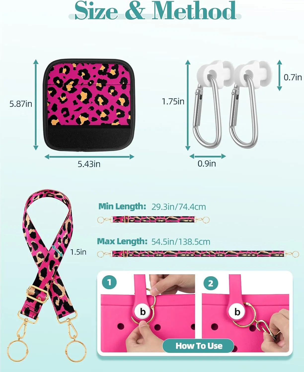 Bag Strap Crossbody Charms for Bogg Bag Accessories - Shoulder Strap Neoprene Luggage Handle Wrap for Suitcase & 2 Key Holders Pink Leopard