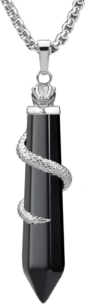 BEADNOVA Healing Crystal Necklace for Women Men Obsidian Snake Tail Wrap Pendant Energy Healing Gemstones Jewelry Pendulum Crystal Divination (Hexagonal, 18 Inches Stainless Steel Chain)