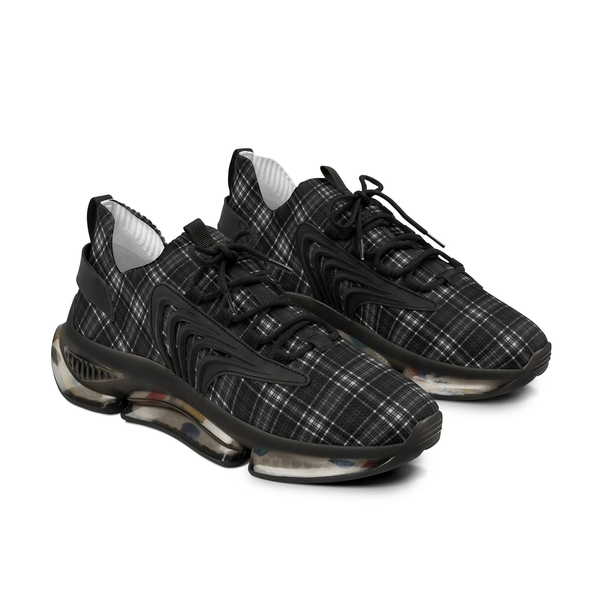 Black Plaid Men's Mesh Sneakers, Black and White Plaid Print Men's Sneakers Best Comfy Men's Mesh Sports Sneakers Shoes (US Size: 5-12)