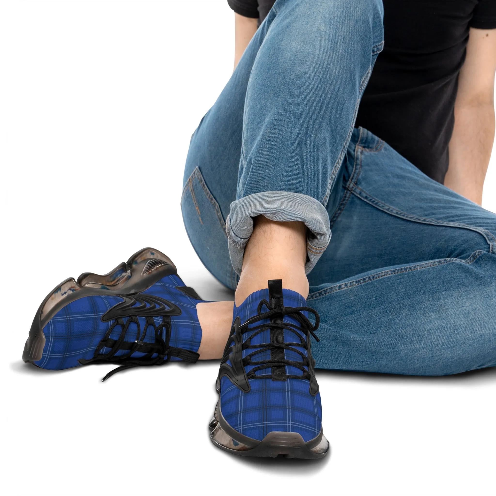Blue Plaid Men's Mesh Sneakers, Royal Blue Plaid Print Men's Sneakers Best Comfy Men's Mesh Sports Sneakers Shoes (US Size: 5-12)