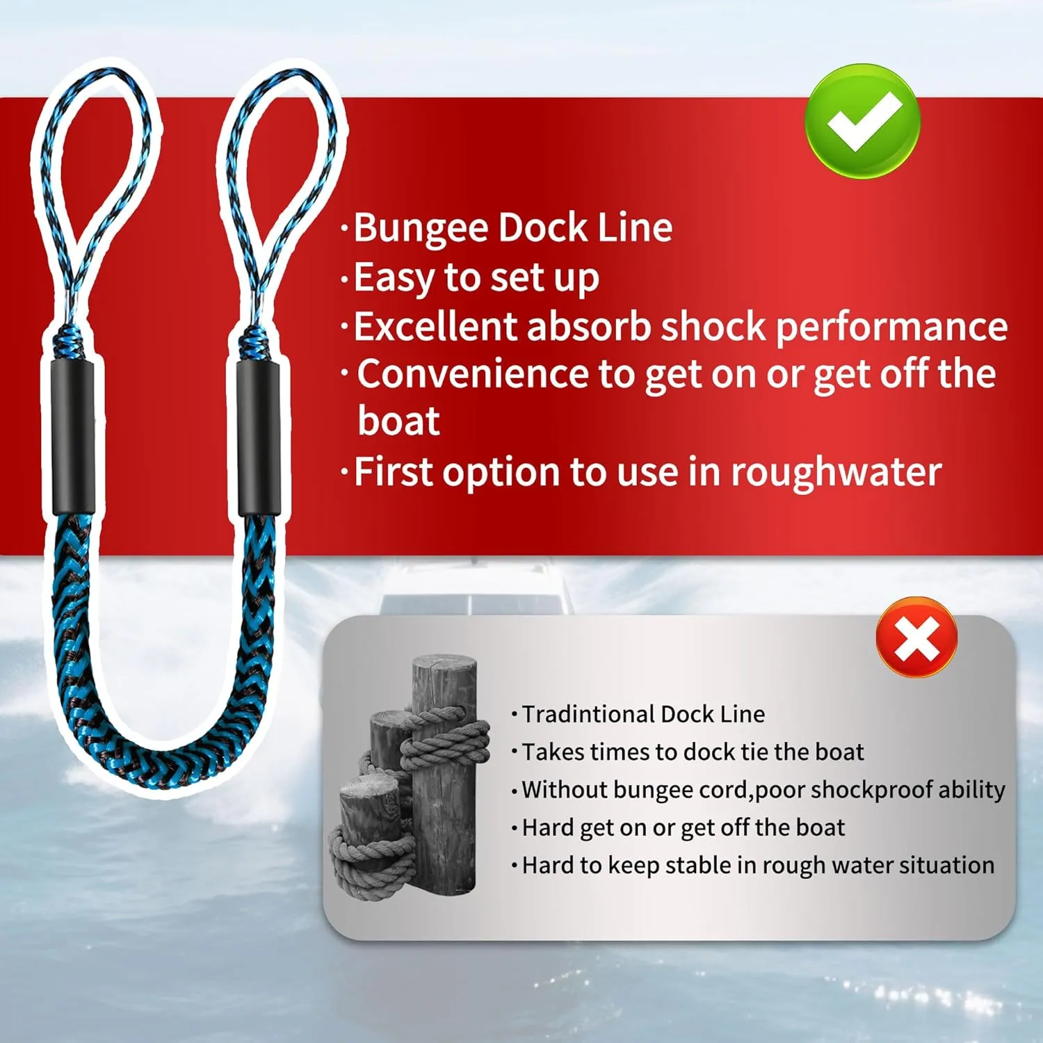 Bungee Dock Lines for Boat, Durable Shock Absorb Dock Tie Mooring Rope Boat Accessories (4-5.5 ft), Perfect for Docking,Kayak,Watercraft,SeaDoo,Jet Ski,Canoe,Pontoon Boat Accessories 2pcs