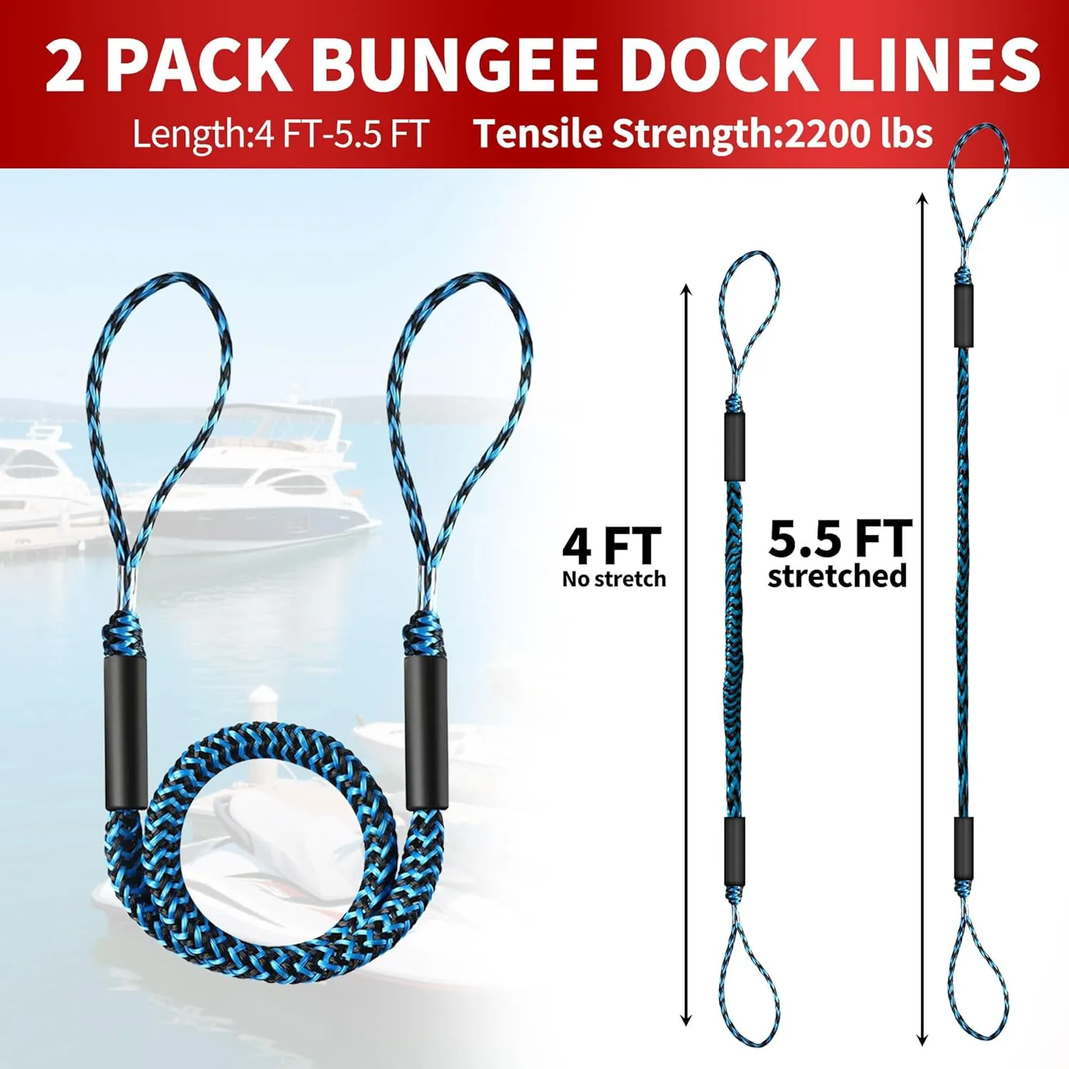 Bungee Dock Lines for Boat, Durable Shock Absorb Dock Tie Mooring Rope Boat Accessories (4-5.5 ft), Perfect for Docking,Kayak,Watercraft,SeaDoo,Jet Ski,Canoe,Pontoon Boat Accessories 2pcs