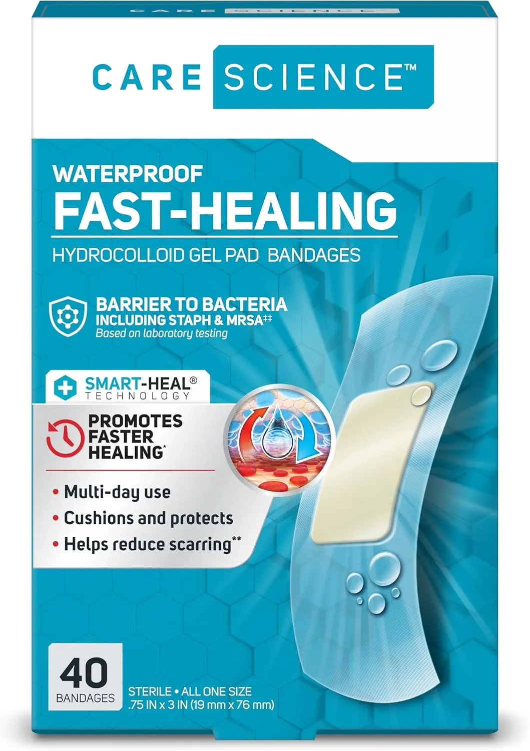 Care Science Fast-Healing Waterproof Hydrocolloid Gel Pad Bandages, 0.75 in x 3 in, 40 ct | 100% Waterproof Seal, for Blisters or Wound Care