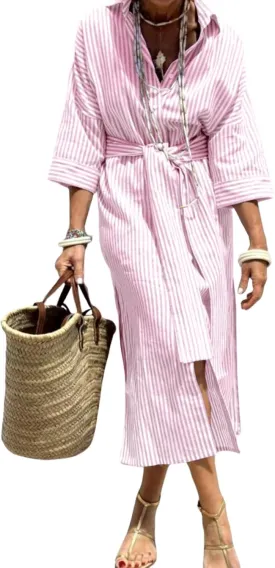 chouyatou Women's Summer 3/4 Sleeve Striped Shirt Dress Belted Maxi Long Casual Button Down Beach Dress