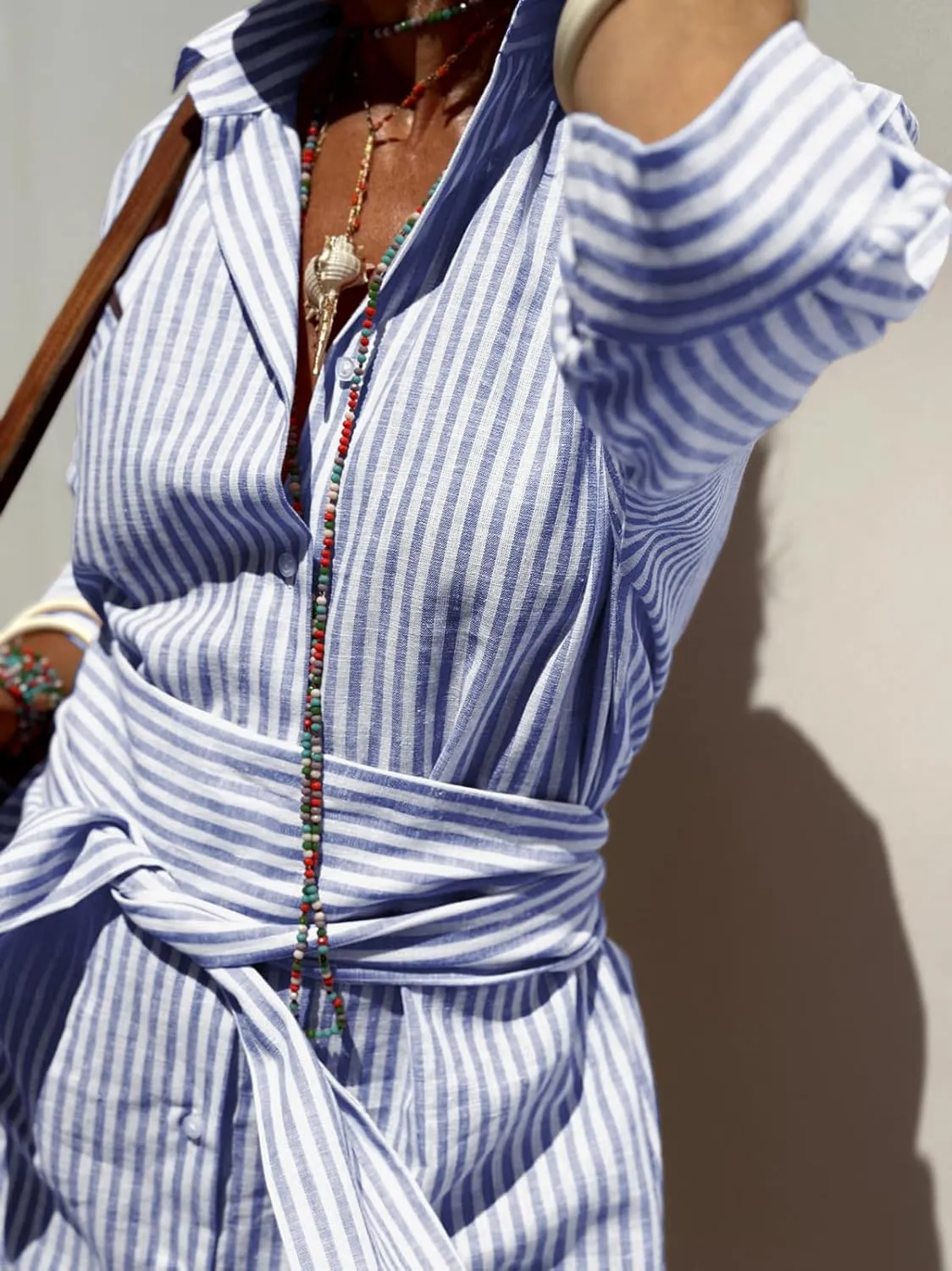 chouyatou Women's Summer 3/4 Sleeve Striped Shirt Dress Belted Maxi Long Casual Button Down Beach Dress