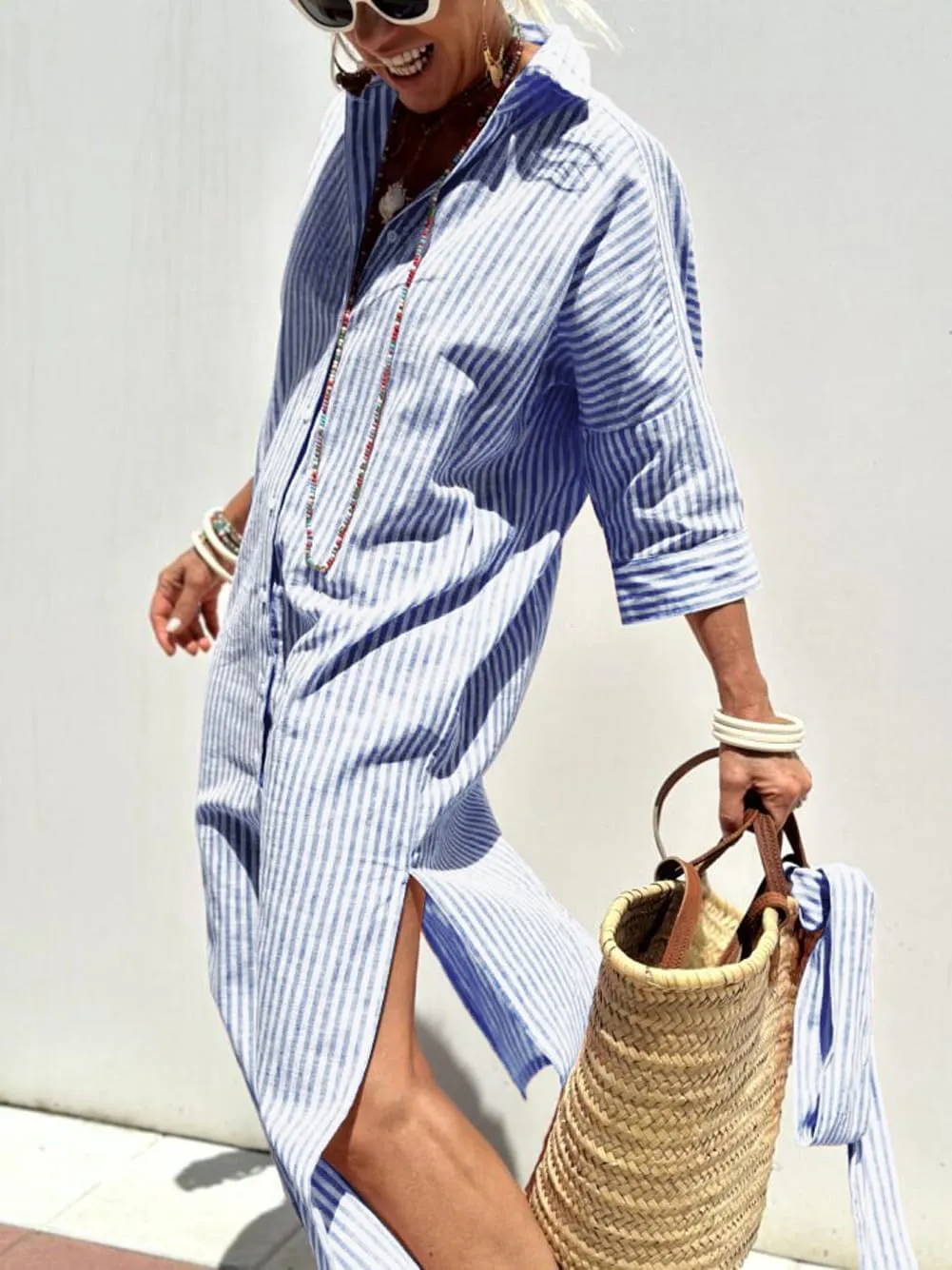 chouyatou Women's Summer 3/4 Sleeve Striped Shirt Dress Belted Maxi Long Casual Button Down Beach Dress