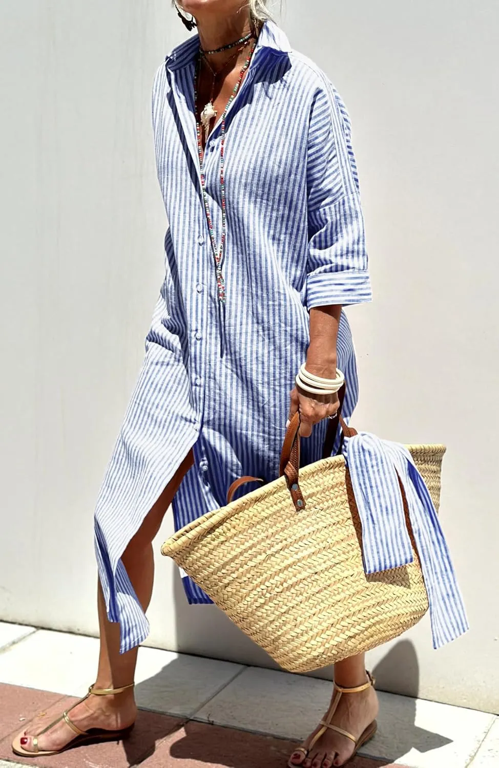 chouyatou Women's Summer 3/4 Sleeve Striped Shirt Dress Belted Maxi Long Casual Button Down Beach Dress