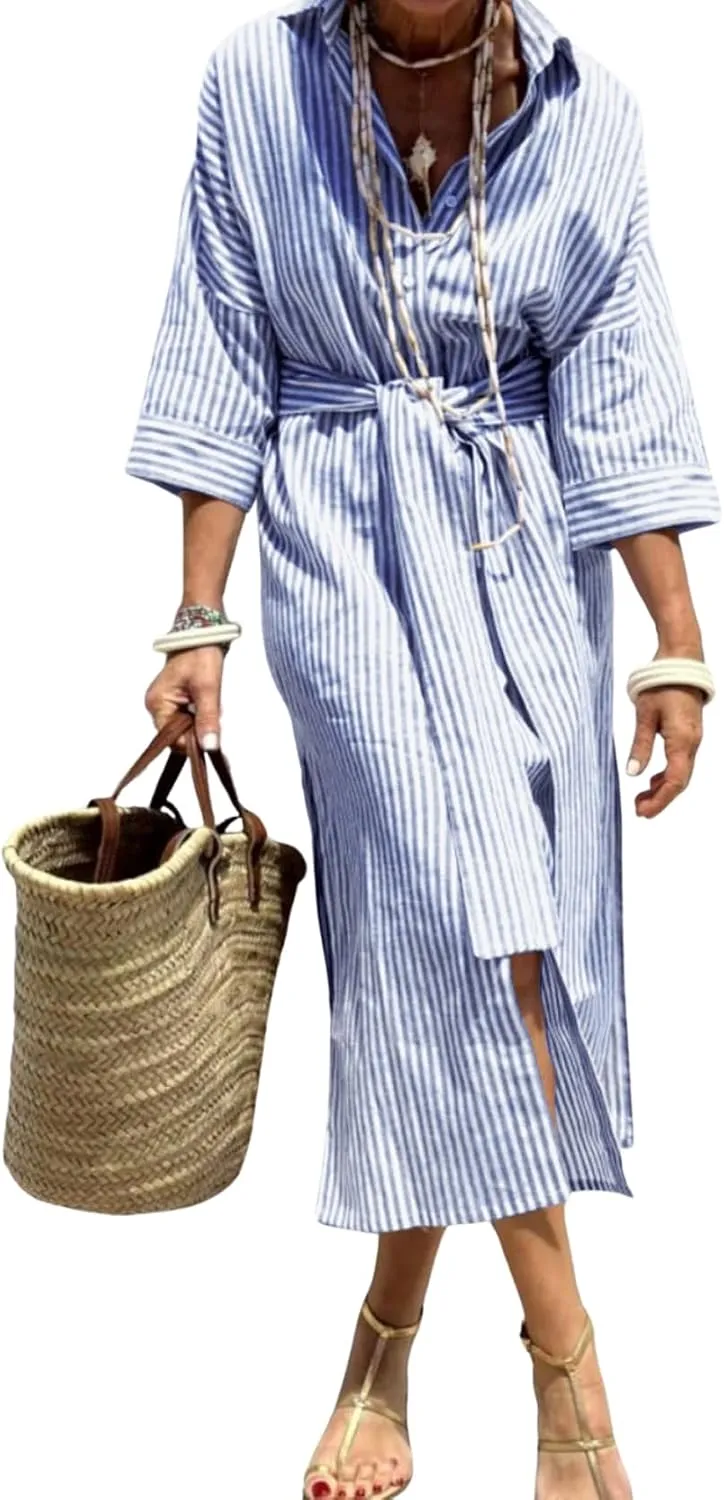 chouyatou Women's Summer 3/4 Sleeve Striped Shirt Dress Belted Maxi Long Casual Button Down Beach Dress