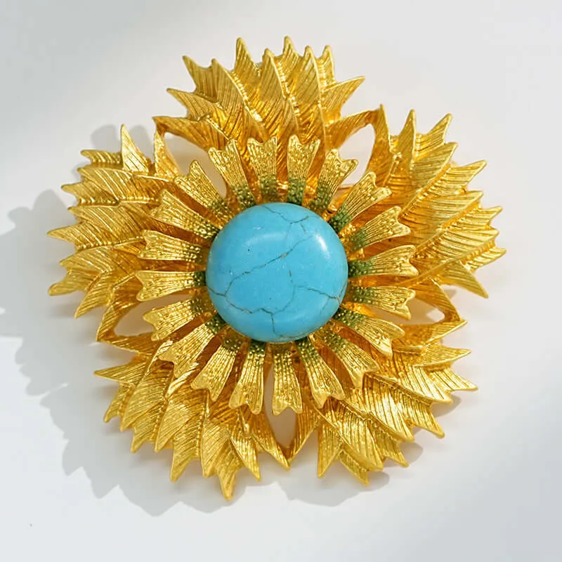 Copper Turquoise Sunflower Brooch