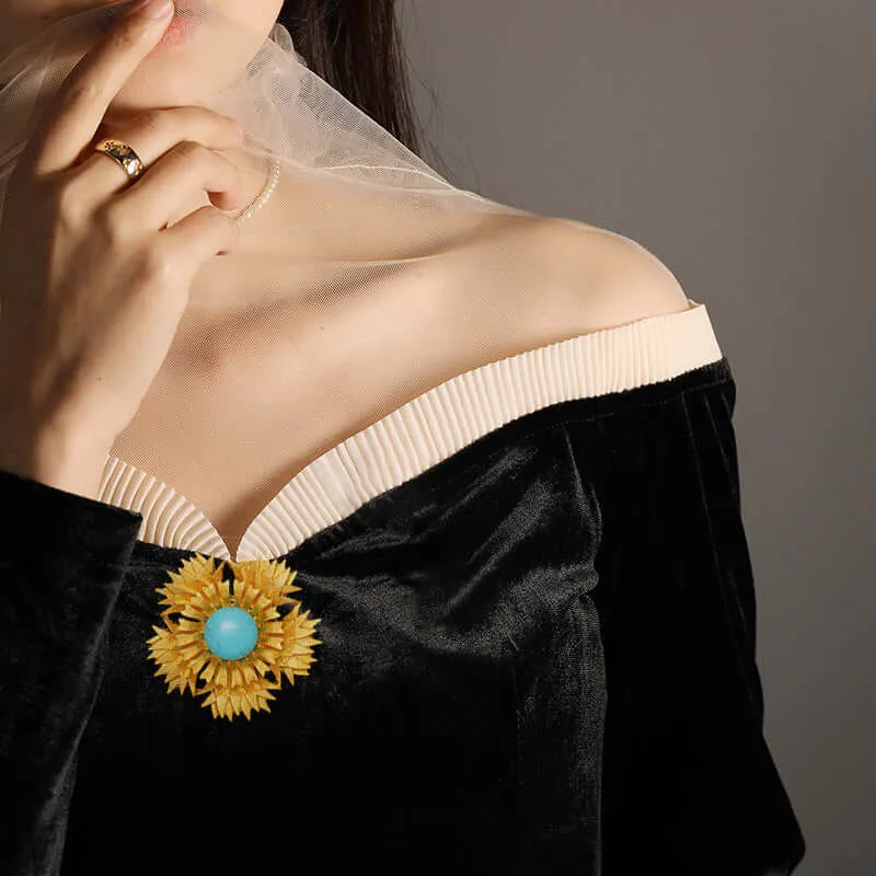 Copper Turquoise Sunflower Brooch