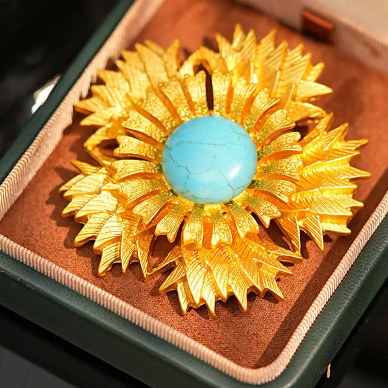 Copper Turquoise Sunflower Brooch