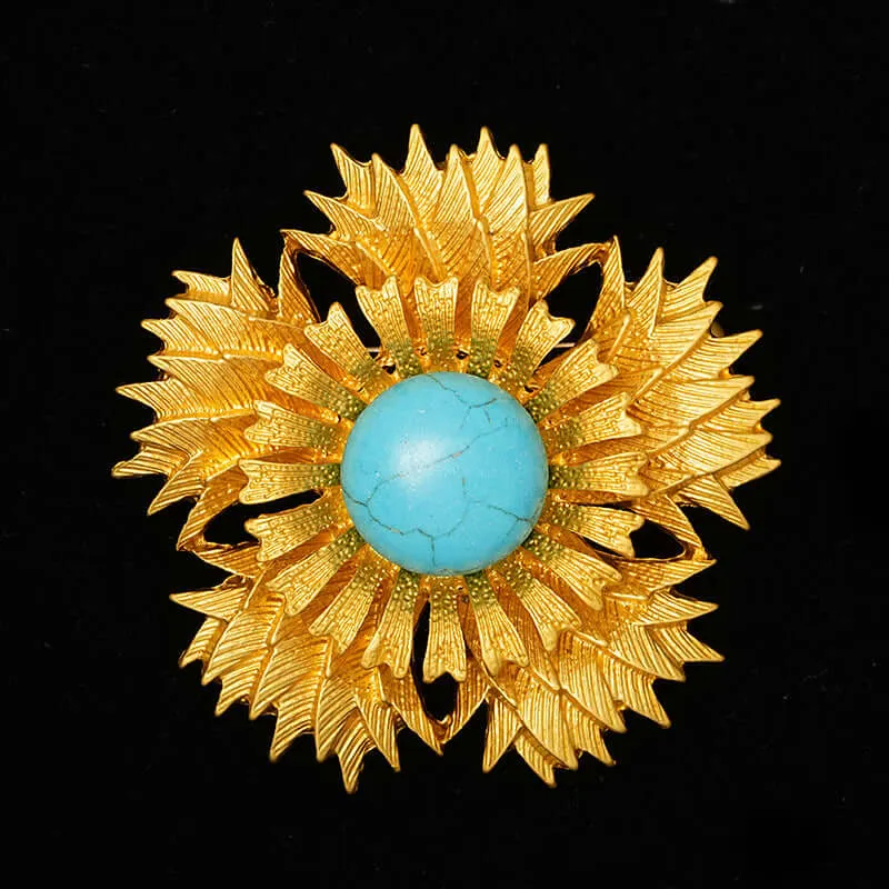 Copper Turquoise Sunflower Brooch