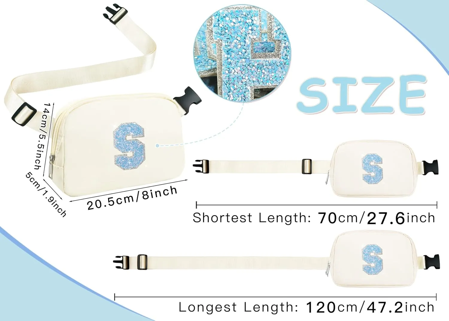 COSHAYSOO Ivory Belt Bag Waist Fanny Pack Small Crossbody Trending Pouch with Initial Letter Patch for Women Teenage Girl Travel Essential, Personalized Christmas Gift Preppy Cute Teen Stuff (S)