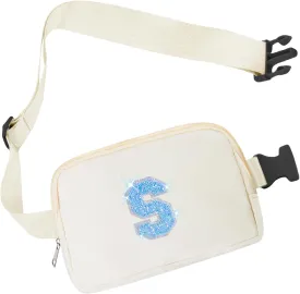 COSHAYSOO Ivory Belt Bag Waist Fanny Pack Small Crossbody Trending Pouch with Initial Letter Patch for Women Teenage Girl Travel Essential, Personalized Christmas Gift Preppy Cute Teen Stuff (S)