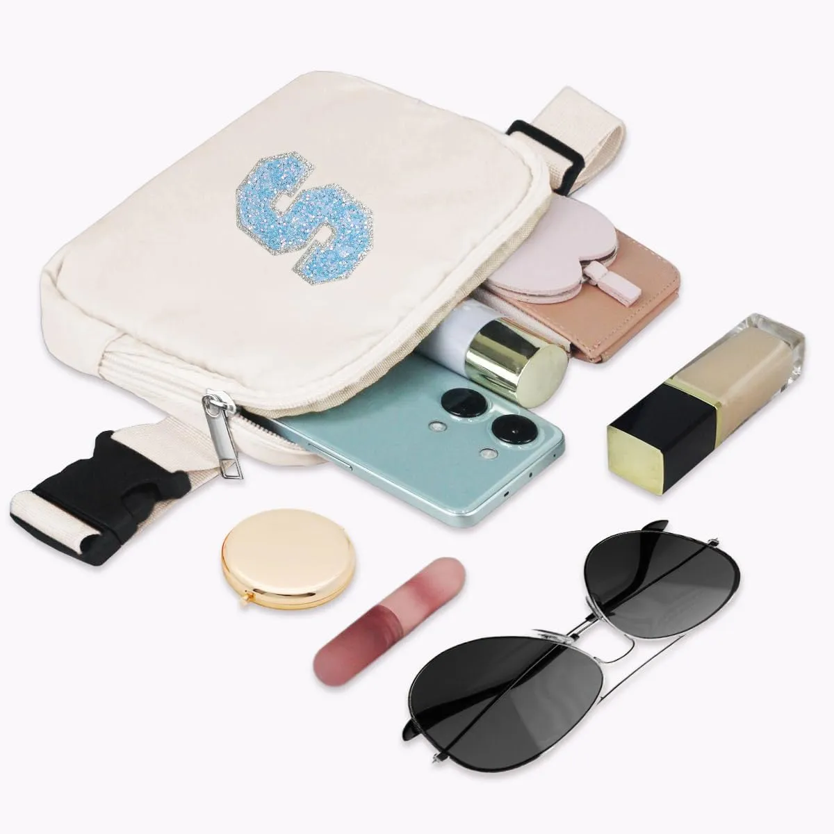 COSHAYSOO Ivory Belt Bag Waist Fanny Pack Small Crossbody Trending Pouch with Initial Letter Patch for Women Teenage Girl Travel Essential, Personalized Christmas Gift Preppy Cute Teen Stuff (S)